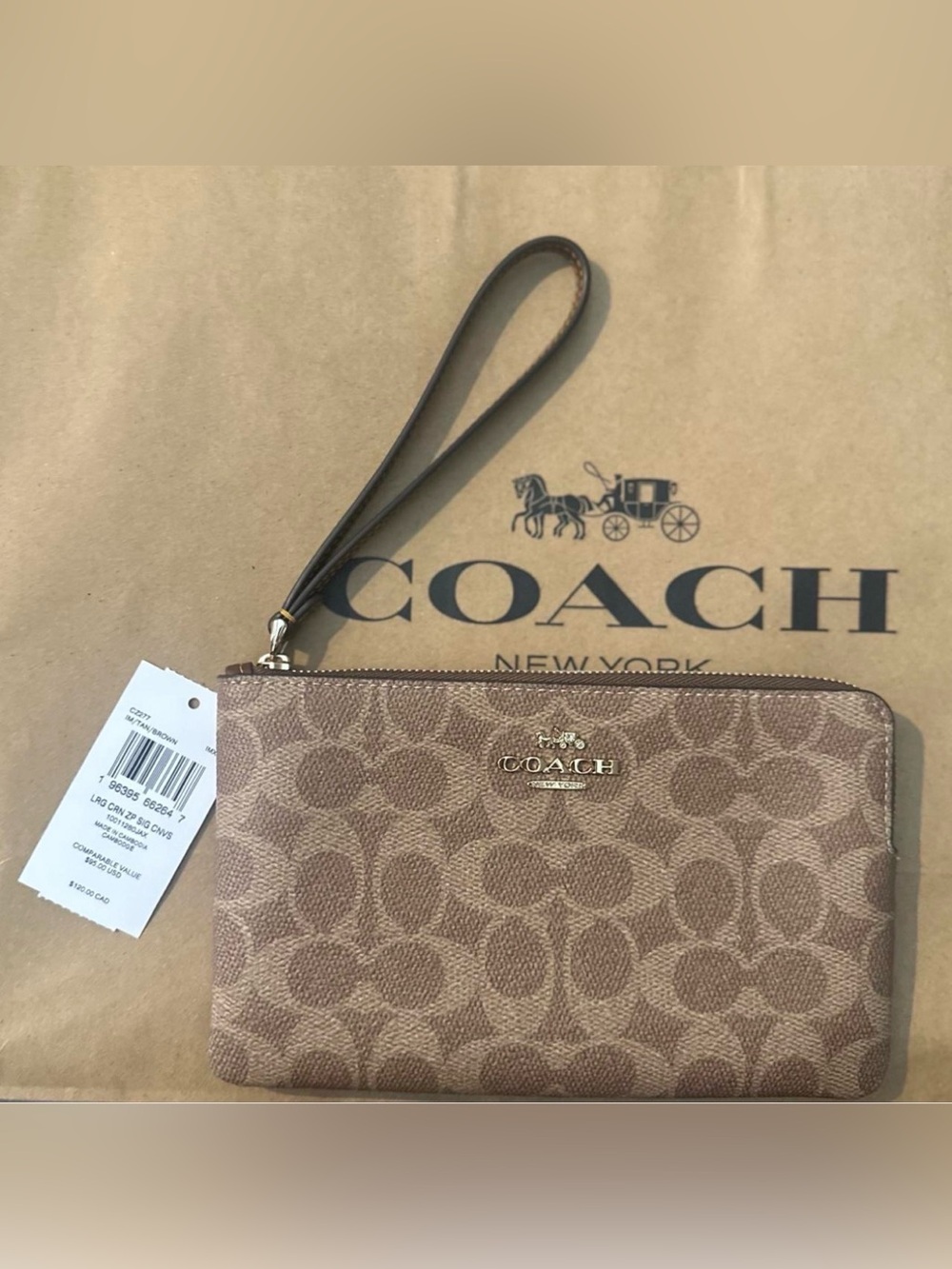 ✨Coach Signature Canvas Wristlet in Tan and Brown with Gold Hardware